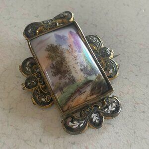 Victorian Hand Painted French Champleve Impressionist Porcelain Brooch c.1880